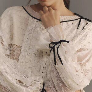 Anthropologie Cream and Tan Colorblock Sweater with Lace Sleeves